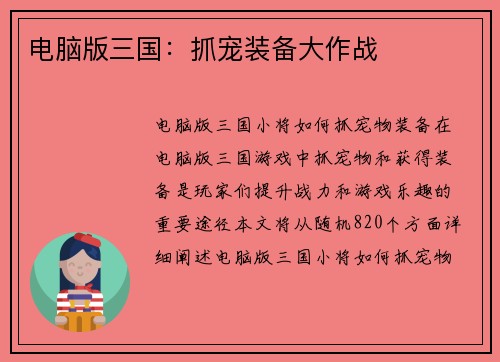 电脑版三国：抓宠装备大作战